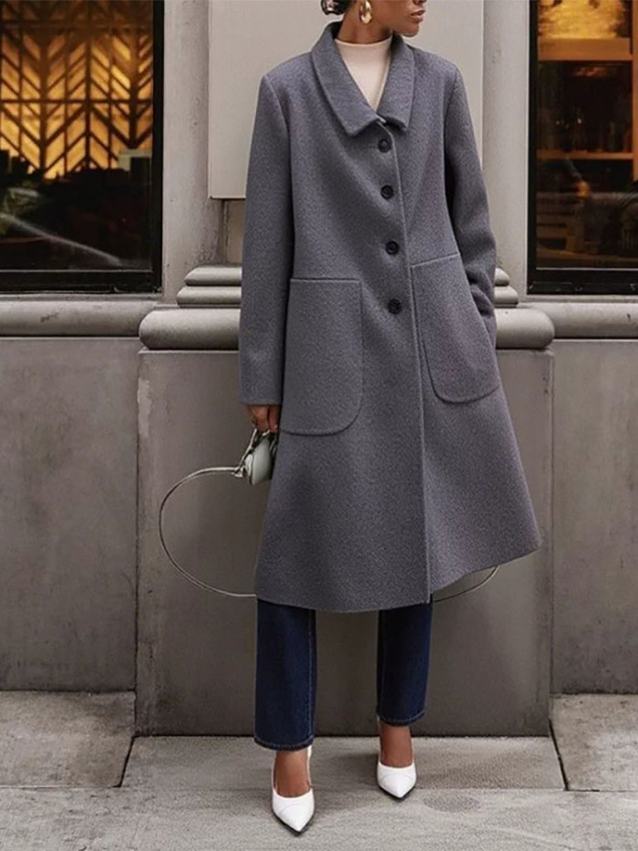 Elegant OL Commute Style Coat Women Fashion Lapel Button Thick Mid Length Jacket Casual Long Sleeve Solid Color Pocket Overcoat