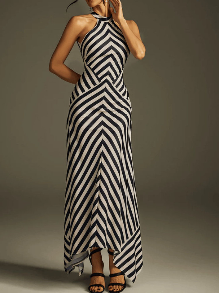 Elegant Halter Sleeveless Evening Long Dress Women's Sexy Backless Hollow Out Party Dress Fashion Striped Print Slim Gowns Dress