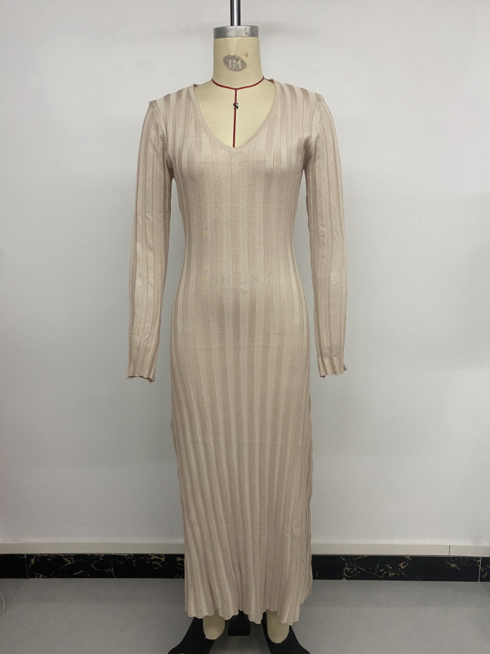 ✨ V-Neck Slim Knit Dress – Long-Sleeve Casual Elegant Style for Effortless Chic