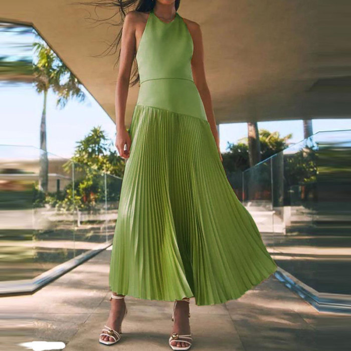 Fashion Hight Waist Pleat Party Dress Sexy Hanging Neck Design Solid Long Dress Elegant Sleeveless Backless Hollow Women's Dress
