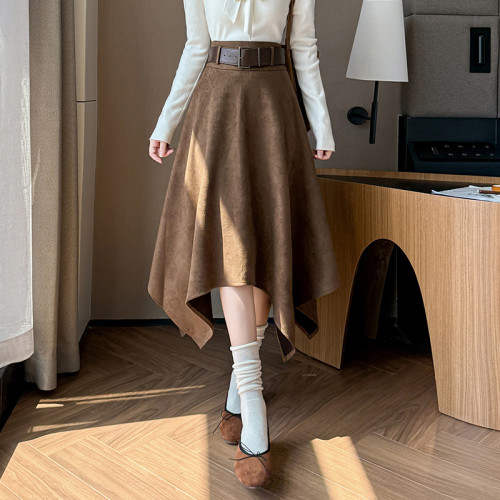 Vintage Suede Skirts For Office Ladies Casual Loose  High Waist Midi Skirt 2025 Autumn Women Elegant L193