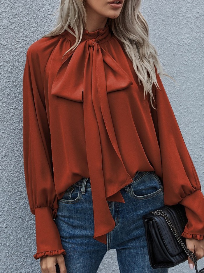 High Collar Bow-Tie Blouse – Bubble Sleeve Chic Top for Effortless Spring & Autumn Style 🎀✨