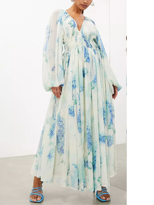 Spring and Autumn Women V Neck Sexy Pullover Printed Dress Women Long Sleeve Casual Fashion Floor-length Dress 2025 New