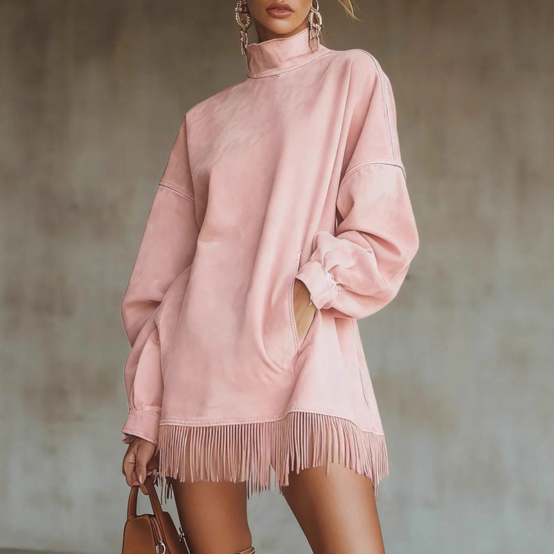 Autumn Winter Solid Suede Vintage Dresses Woman Half High Collar A-Line Tassel Dress Fashion Long Sleeve Pocket Sweatshirt Dress