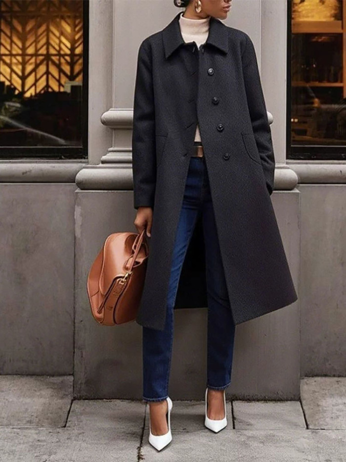 Elegant OL Commute Style Coat Women Fashion Lapel Button Thick Mid Length Jacket Casual Long Sleeve Solid Color Pocket Overcoat