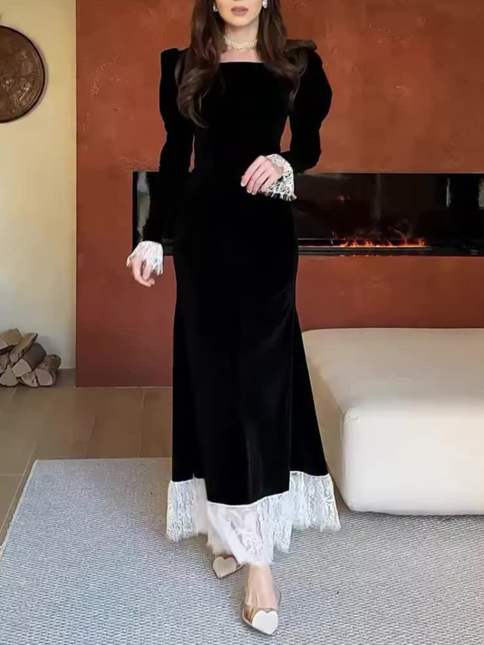 ✨Autumn Velvet Lace-Trim Long Dress – Elegant Square Neck, Long Sleeves & Slim Waist Party Gown