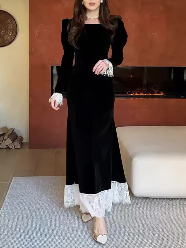 ✨Autumn Velvet Lace-Trim Long Dress – Elegant Square Neck, Long Sleeves & Slim Waist Party Gown