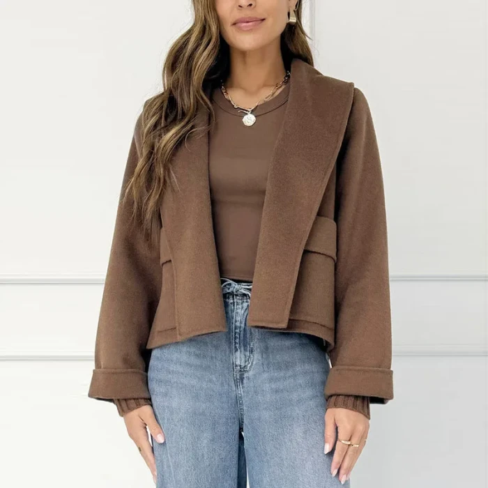 Simple Fashion Solid Soft Wool Coat Woman Lapel Collar Open Stitch Cardigan Top Fall Winter Long Sleeve Pocket Jacket Outerwears