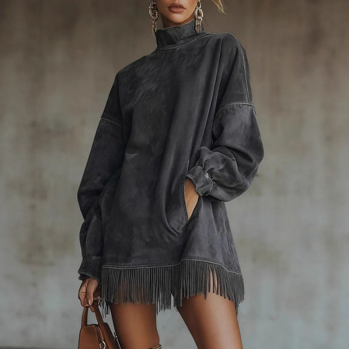 Autumn Winter Solid Suede Vintage Dresses Woman Half High Collar A-Line Tassel Dress Fashion Long Sleeve Pocket Sweatshirt Dress
