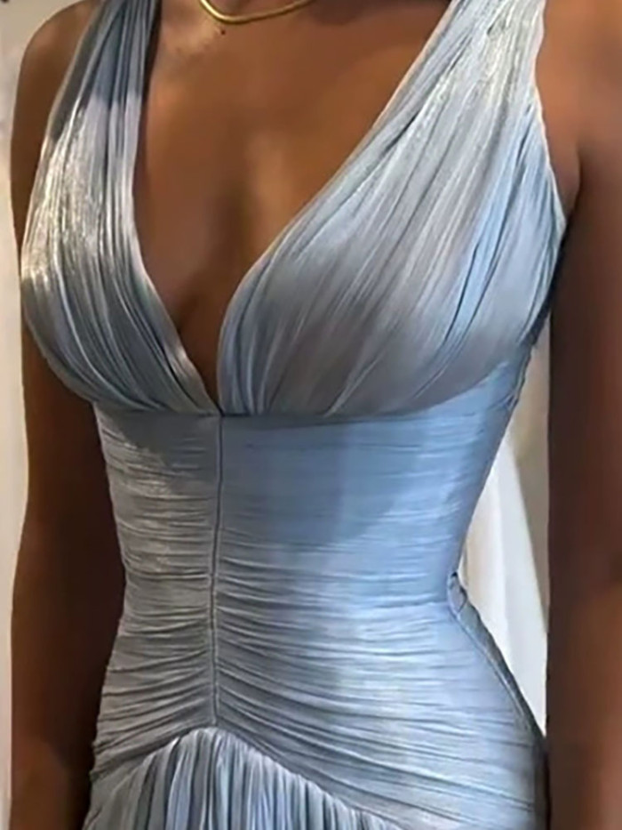 Sexy Sleeveless Solid Long Dress Elegant Deep V-neck Draped Evening Party Dress Women's Fashion Pleated Hight Waist Gowns Dress