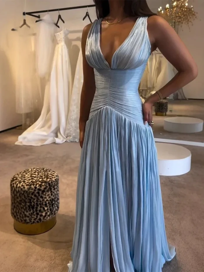 Sexy Sleeveless Solid Long Dress Elegant Deep V-neck Draped Evening Party Dress Women's Fashion Pleated Hight Waist Gowns Dress