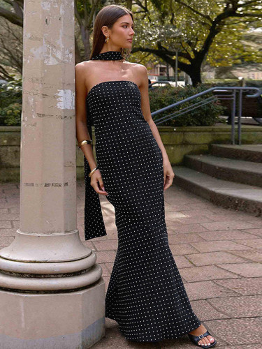 Polka Dot Strapless Sexy Maxi Dress Women Gown Elegant Scarf Collar Off-shoulder Backless Sleeveless Club Party Dress
