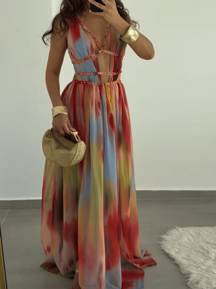 Women Fashion Pattern Print Slim Fit Beach Dress 2025 Sexy Split Backless Party Dress Elegant V-neck Hollow Out Beach Long Dress