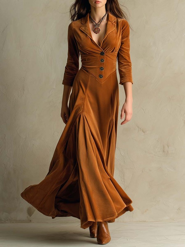 New Chic Velvet Dress V-neck Women 2025 Autumn Casual Slim Button Female Ladies Long Sleeve Dress S190a