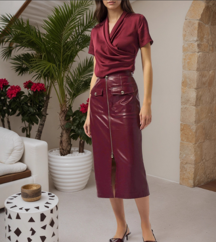 ✨ Elegant High-Waist PU Midi Skirt with Chic Front Zipper – Soft, Sleek & Effortlessly Stylish