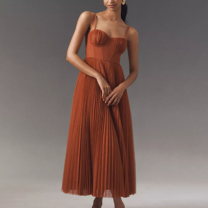 Sexy Strapless Hollow A-Line Long Dress New Spring Summer Solid Pleated Dresses Women Casual Sleeveless Backless Zip Sling Dress