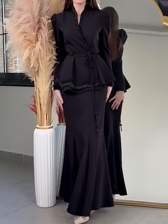 Sexy V-neck Long Sleeve Top & Long Skirt Set Women Elegant Lace-Up Waist Slim 2Pc Suit Fashion Pearl Splicing Solid Skirt Outfit