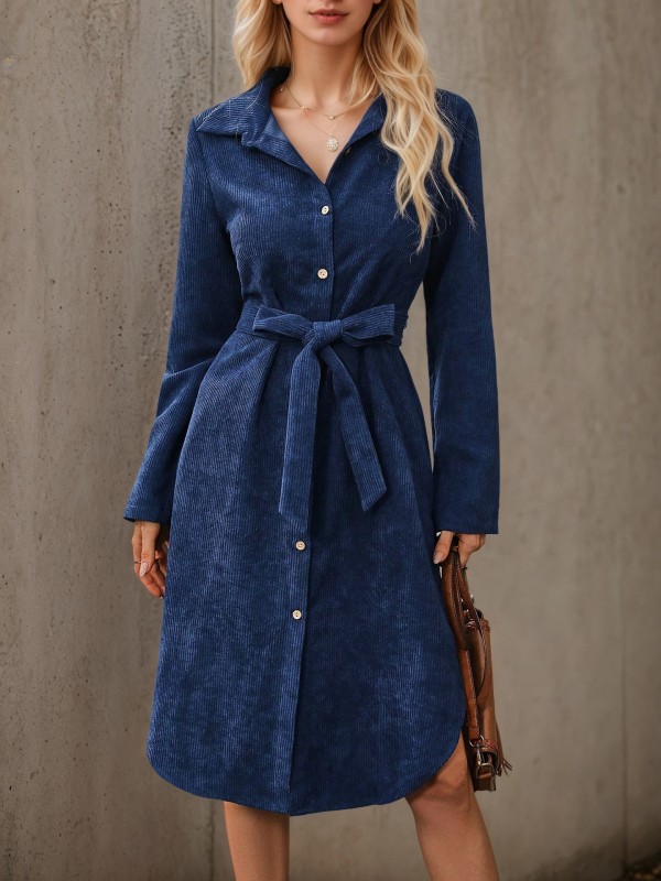 Fashion Corduroy Dress Lace-up Women Autumn Turn-down Collar Casual Loose Female Ladies Long Sleeve Dress