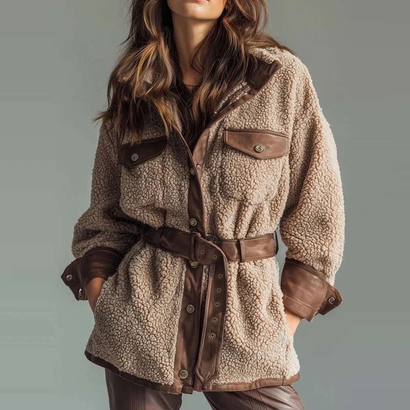 Women's Casual Long Sleeve Pocket PU Leather Coat Elegant Thickened Lamb Solid Jackets Fashion Lapel Button Patchwork Outercoat