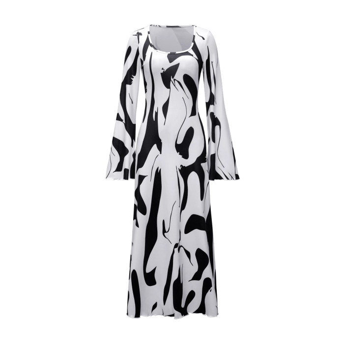 2025 Autumn New Daily Party Women's Long Dress Fashion Printed U Neck Long Sleeve Back Tie Waist Dress Hot Style Elegant Vestido