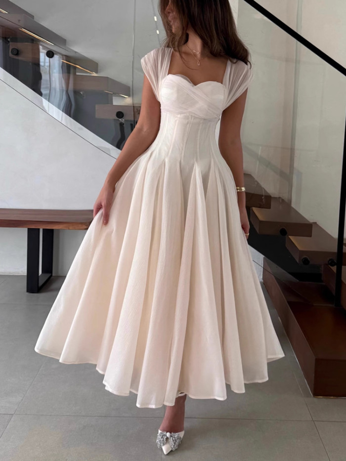 ✨Elegant Square Neck Draped Evening Gown – High-Waist Sleeveless Slim Party Dress for Women
