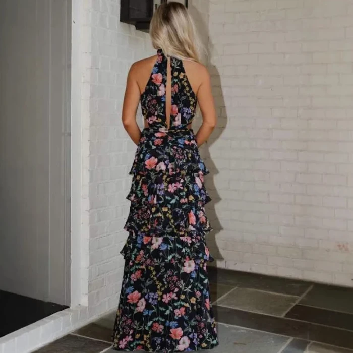 Elegant Flower Print Holiday Cake Dress Fashion High Neck Sleeveless Long Party Dress Women Sexy Hollow Out Slim Fit Gowns Dress