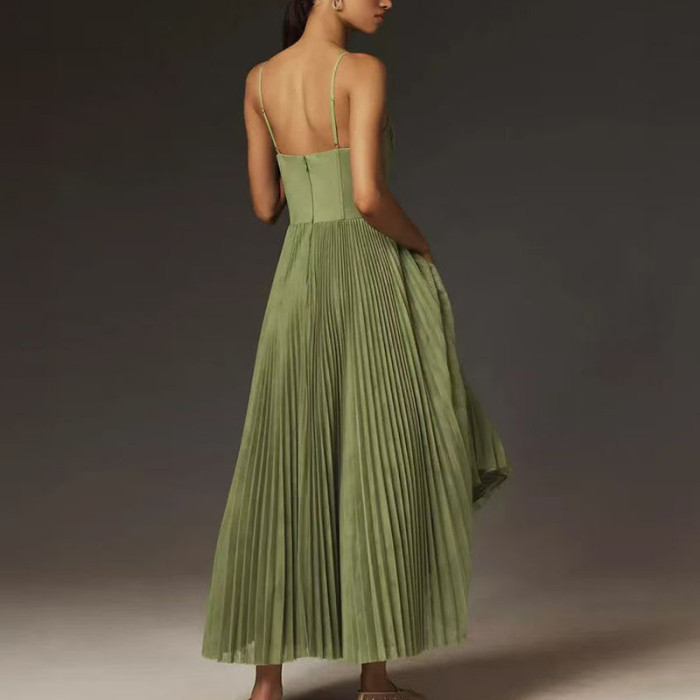 Sexy Strapless Hollow A-Line Long Dress New Spring Summer Solid Pleated Dresses Women Casual Sleeveless Backless Zip Sling Dress