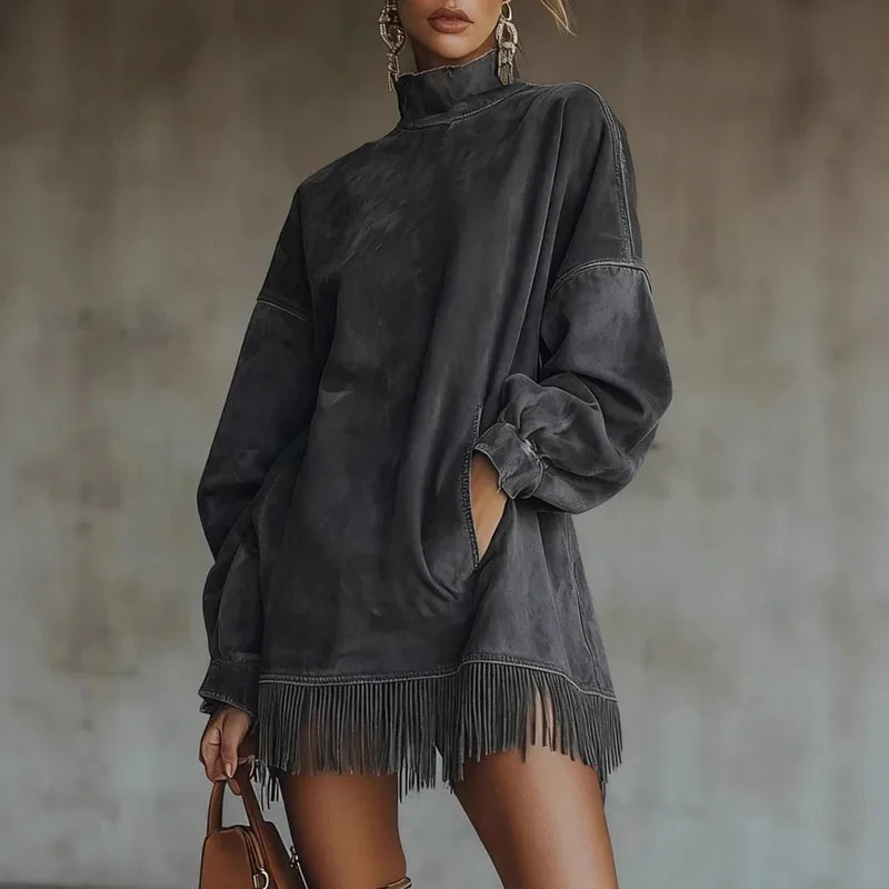 Autumn Winter Solid Suede Vintage Dresses Woman Half High Collar A-Line Tassel Dress Fashion Long Sleeve Pocket Sweatshirt Dress