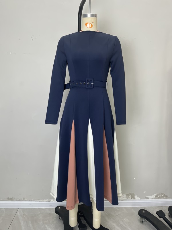ew Vintage Patchwork Dress  Women 2025 Autumn O-neck Casual New Slim Female Ladies Long Sleeve Dress S190A