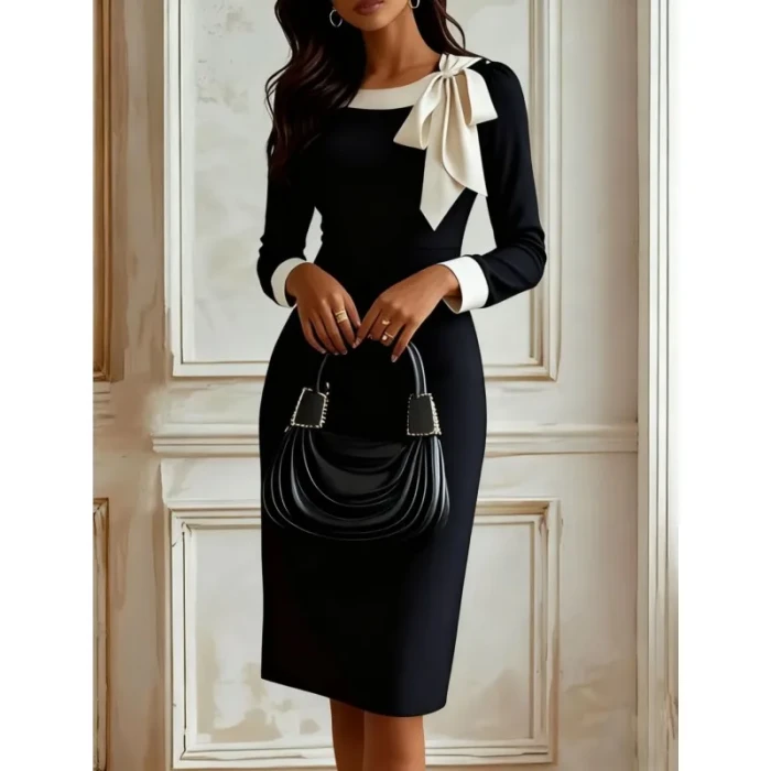 Sexy Elegant Slim Bodycon Hips Dress Bowknot O Neck Long Sleeve Patchwork Solid color Dresses Fashion Evening Party Knee Dress