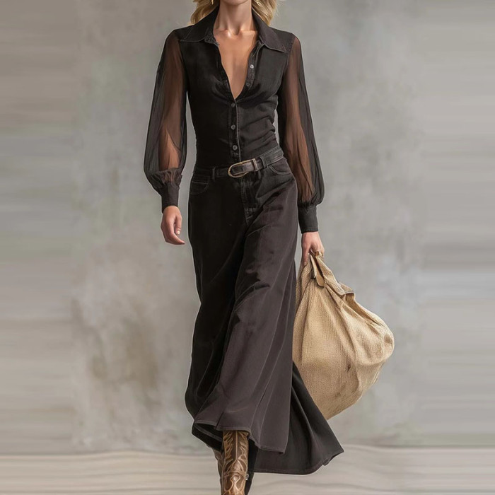 Sexy See-through Long Sleeve Maxi Dress Fashion Lapel Collar Solid Color Long Dress Elegant Button Hight Waist Slim Party Dress