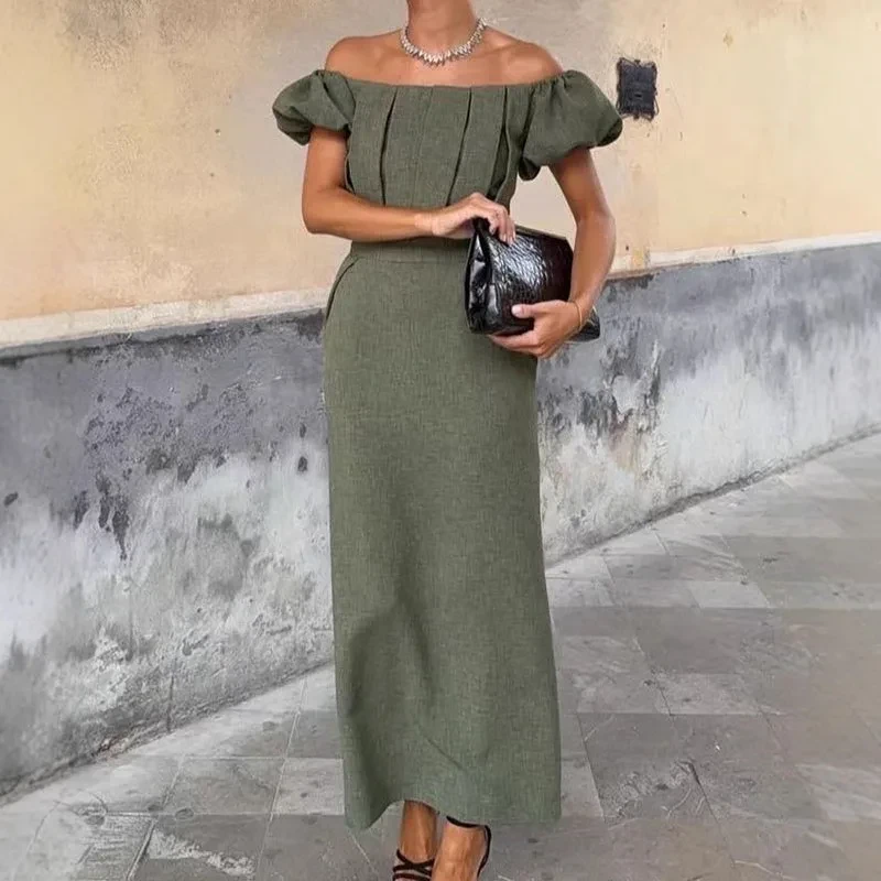 Women Elegant Temperament Solid Color Long Dress Casual Puffed Sleeve Slim Party Dress Sexy One Shoulder Hight Waist Grey Dress