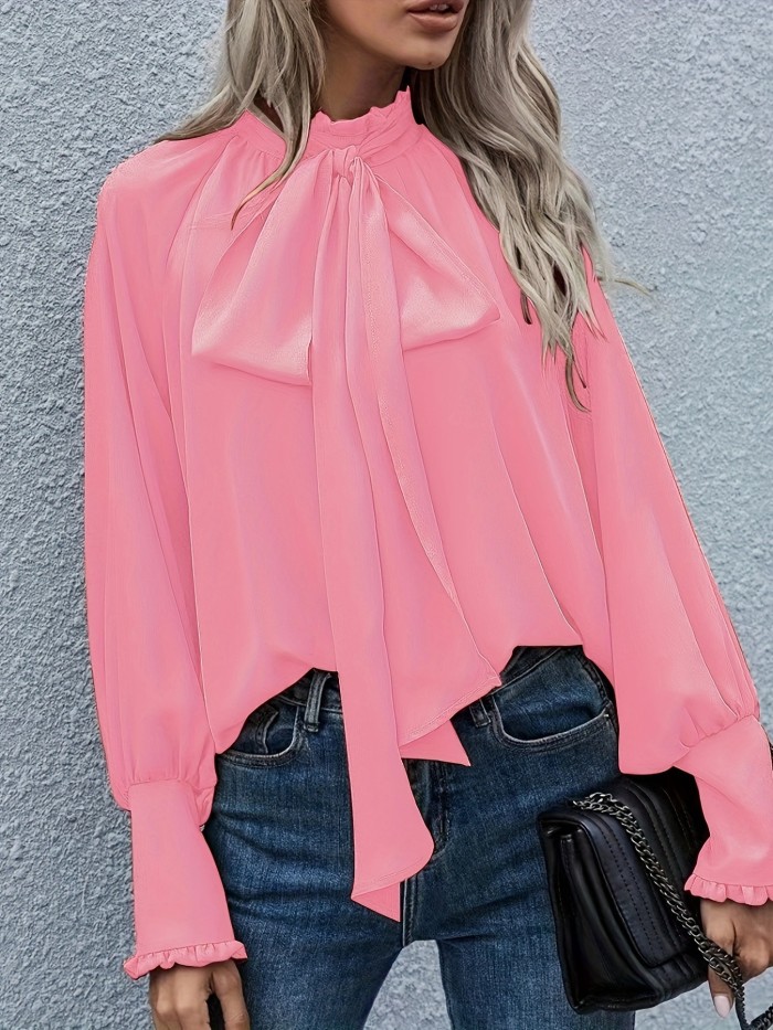 High Collar Bow-Tie Blouse – Bubble Sleeve Chic Top for Effortless Spring & Autumn Style 🎀✨