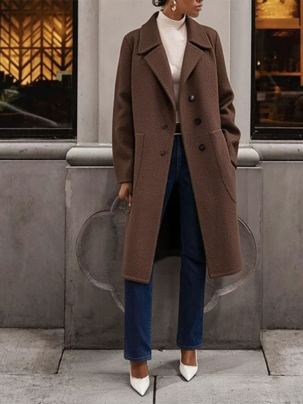Elegant OL Commute Style Coat Women Fashion Lapel Button Thick Mid Length Jacket Casual Long Sleeve Solid Color Pocket Overcoat