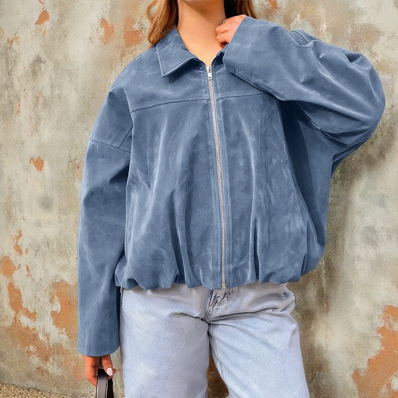 New Women Zipper Jacket Chic 2025 Autumn Female Turn-down Collar Casual Long Sleeve Loose Coats Ladies J192