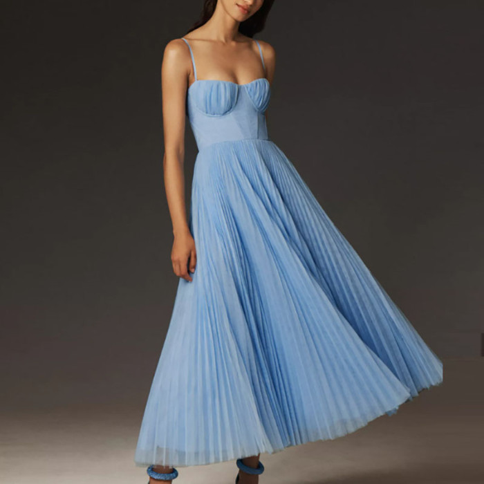 Sexy Strapless Hollow A-Line Long Dress New Spring Summer Solid Pleated Dresses Women Casual Sleeveless Backless Zip Sling Dress