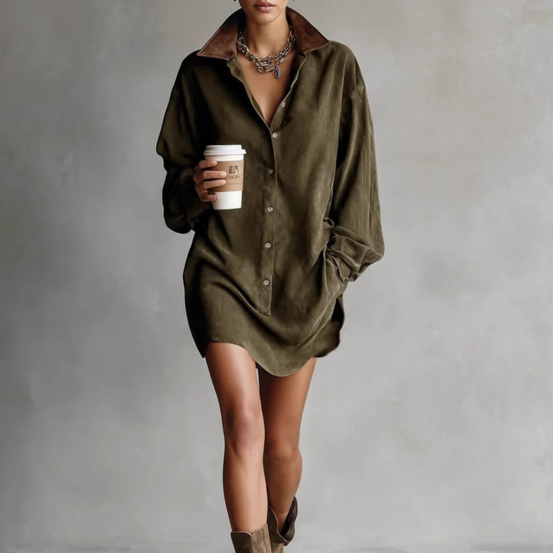 French Contrast Lapel Button Shirt Dress Woman Retro Solid Suede Loose Mini Short Dress Autumn Long Sleeve Pocket Pullover Dress