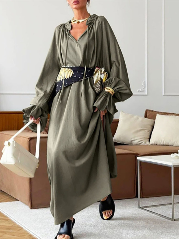 Sexy Deep V-neck Lace-Up Long Dress Autumn Casual Long Sleeve Women's Dress Spring Elegant Cotton Linen Solid Color Party Dress