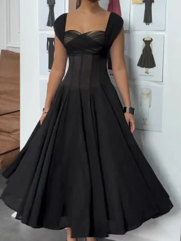 ✨Elegant Square Neck Draped Evening Gown – High-Waist Sleeveless Slim Party Dress for Women