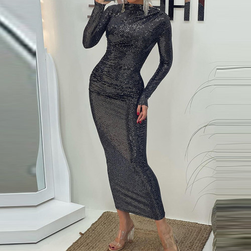 Elegant O-neck Long Sleeve Wrap Hip Dress Casual Hight Waist Draped Long Dress Women's Fashion Shiny Sequins Club Party Dresses