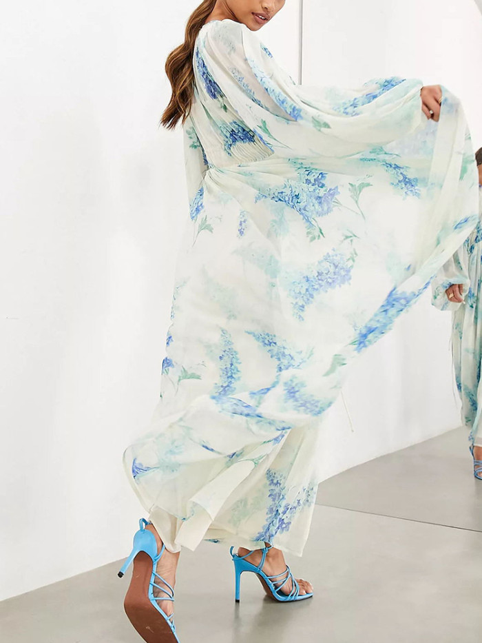 Spring and Autumn Women V Neck Sexy Pullover Printed Dress Women Long Sleeve Casual Fashion Floor-length Dress 2025 New