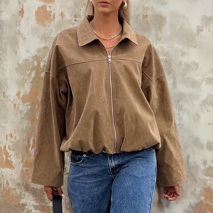 New Women Zipper Jacket Chic 2025 Autumn Female Turn-down Collar Casual Long Sleeve Loose Coats Ladies J192