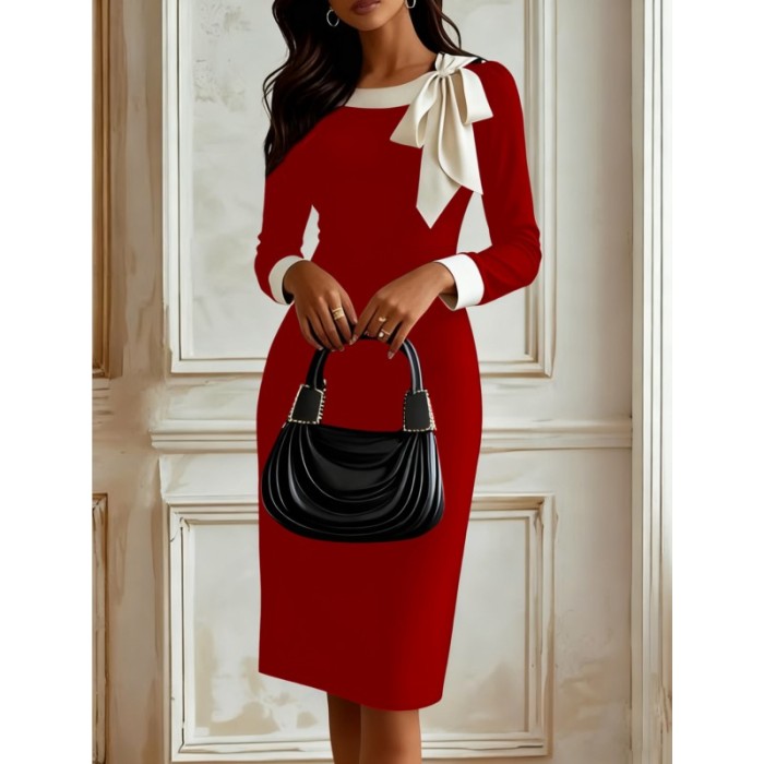 Sexy Elegant Slim Bodycon Hips Dress Bowknot O Neck Long Sleeve Patchwork Solid color Dresses Fashion Evening Party Knee Dress
