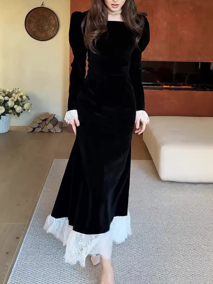 ✨Autumn Velvet Lace-Trim Long Dress – Elegant Square Neck, Long Sleeves & Slim Waist Party Gown