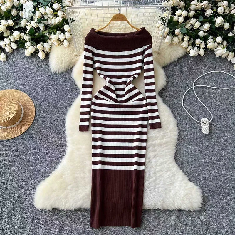 Winter Fashion Striped Print Sweater Dress Women Elegant Autumn Off Shoulder Long Dress Casual Long Sleeve Slim Knit Party Dress