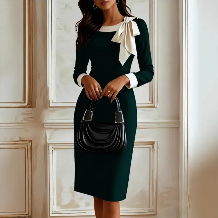 Sexy Elegant Slim Bodycon Hips Dress Bowknot O Neck Long Sleeve Patchwork Solid color Dresses Fashion Evening Party Knee Dress