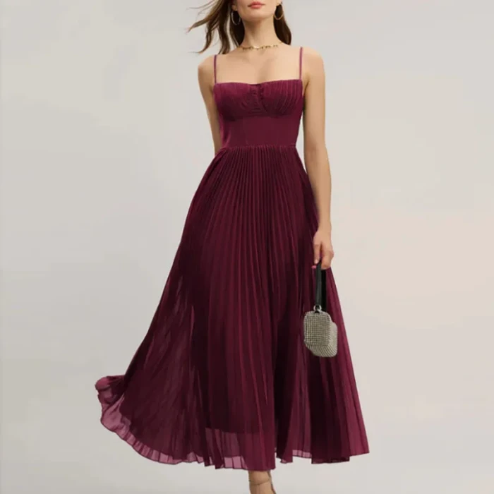 Sexy Strapless Hollow A-Line Long Dress New Spring Summer Solid Pleated Dresses Women Casual Sleeveless Backless Zip Sling Dress