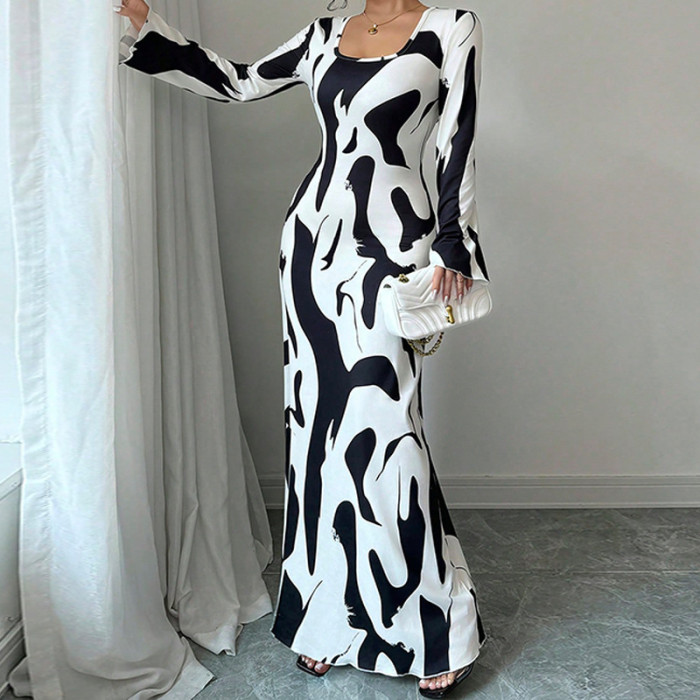 2025 Autumn New Daily Party Women's Long Dress Fashion Printed U Neck Long Sleeve Back Tie Waist Dress Hot Style Elegant Vestido
