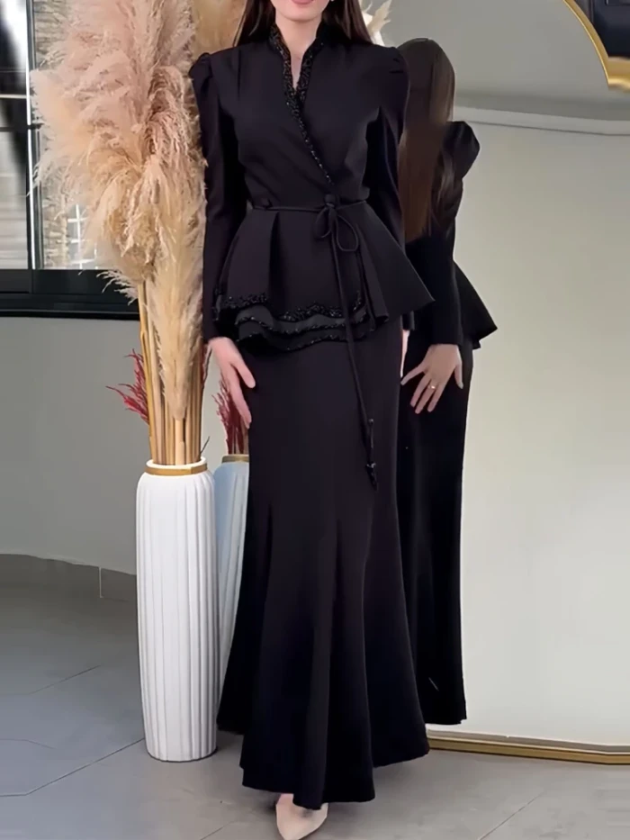 Sexy V-neck Long Sleeve Top & Long Skirt Set Women Elegant Lace-Up Waist Slim 2Pc Suit Fashion Pearl Splicing Solid Skirt Outfit