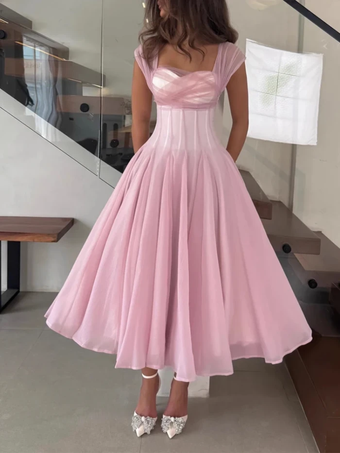 ✨Elegant Square Neck Draped Evening Gown – High-Waist Sleeveless Slim Party Dress for Women